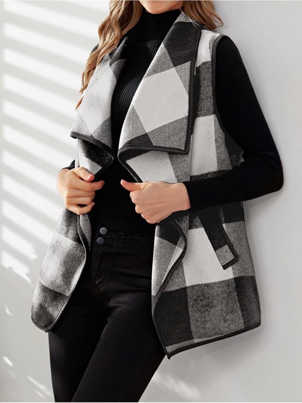 Black White Buffalo Plaid Draped Vest Size 2XL